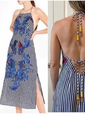 NWT FARM Rio Striped Linen Embroidered Appliqué Bird Halter Midi Dress M Medium